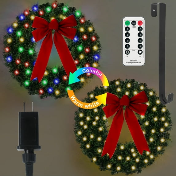 24" Prelit Christmas Wreath for Front Door with 50 LED Lights, Timer and Remote, Bow & Wreath Hanger