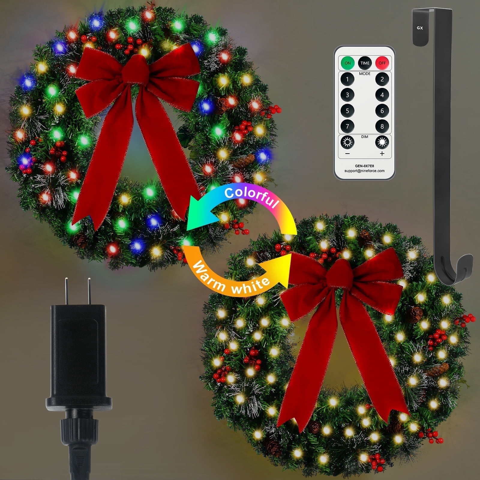 24" Prelit Christmas Wreath for Front Door with 50 LEDs Lights, Timer ...