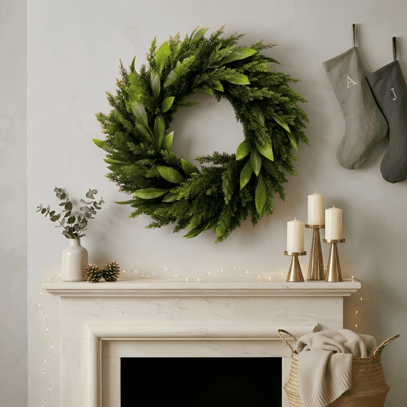 24" Premium Artificial Greenery Christmas Wreath for Front Door - Mixed Pine & Leaf Winter Christmas Decoration, Lifelike Farmhouse Wreath for Indoor, Outdoor, Window & Mantle Display