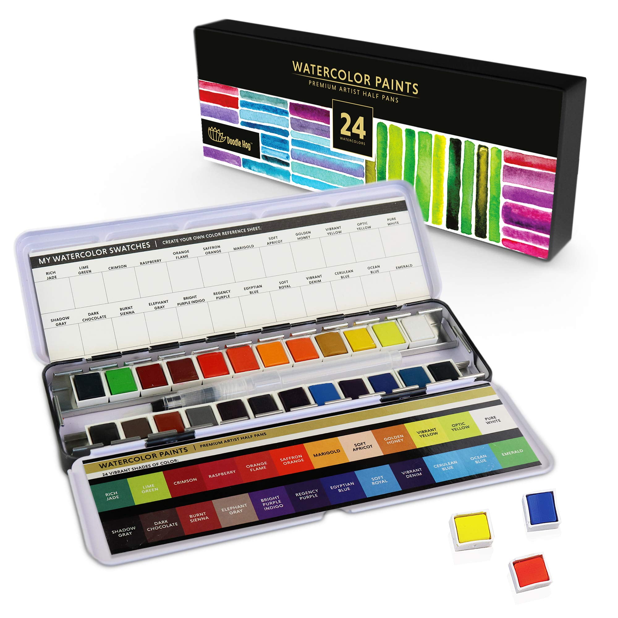 Doodle Hog The Ultimate 48 Premium Watercolor Half Pan Set in Metal Palette with True to Color Watercolor Paints, Refillable Water