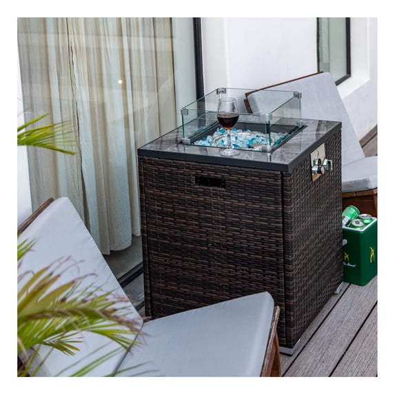 24" Propane Gas Table, 50000 BTU Square , Tile with Beautiful Wicker Base for Outside Patio Deck Garden Courtyard-Espresso Espresso + Garden & Outdoor + Classic,French,French Country,Luxury + Wicker
