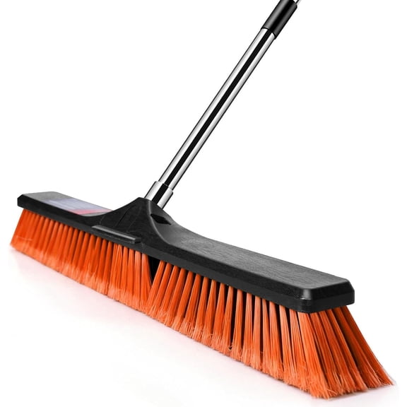 24" Push Broom, Heavy Duty Outdoor Commercial Broom for Cleaning with 55" Long Handle and Stiff Bristles, for Driveway Garage Yard Patio Warehouse Concrete Floor Cleaning,Orange
