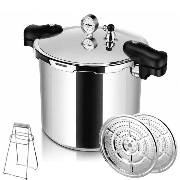 WAKAZO 24Qt/23L Pressure Canner & Cooker | Beginner Friendly | 15PSI Relief Valve, Gauge, 15lb & 10lb Weights | Heavy Aluminum & SS | 2 Steamer Trays