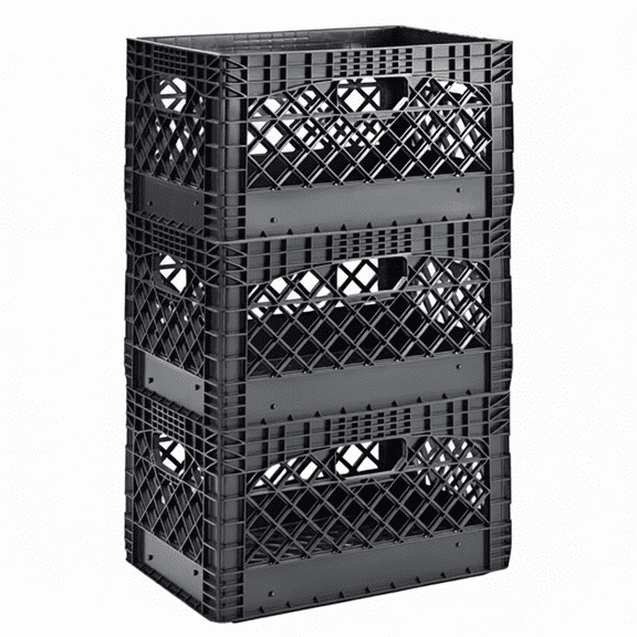 24 Quart Heavy Duty Rectangular Stackable Storage Crates, 3-Pack Black, 11" H x 19" W, Ideal for Dairy or General Organization