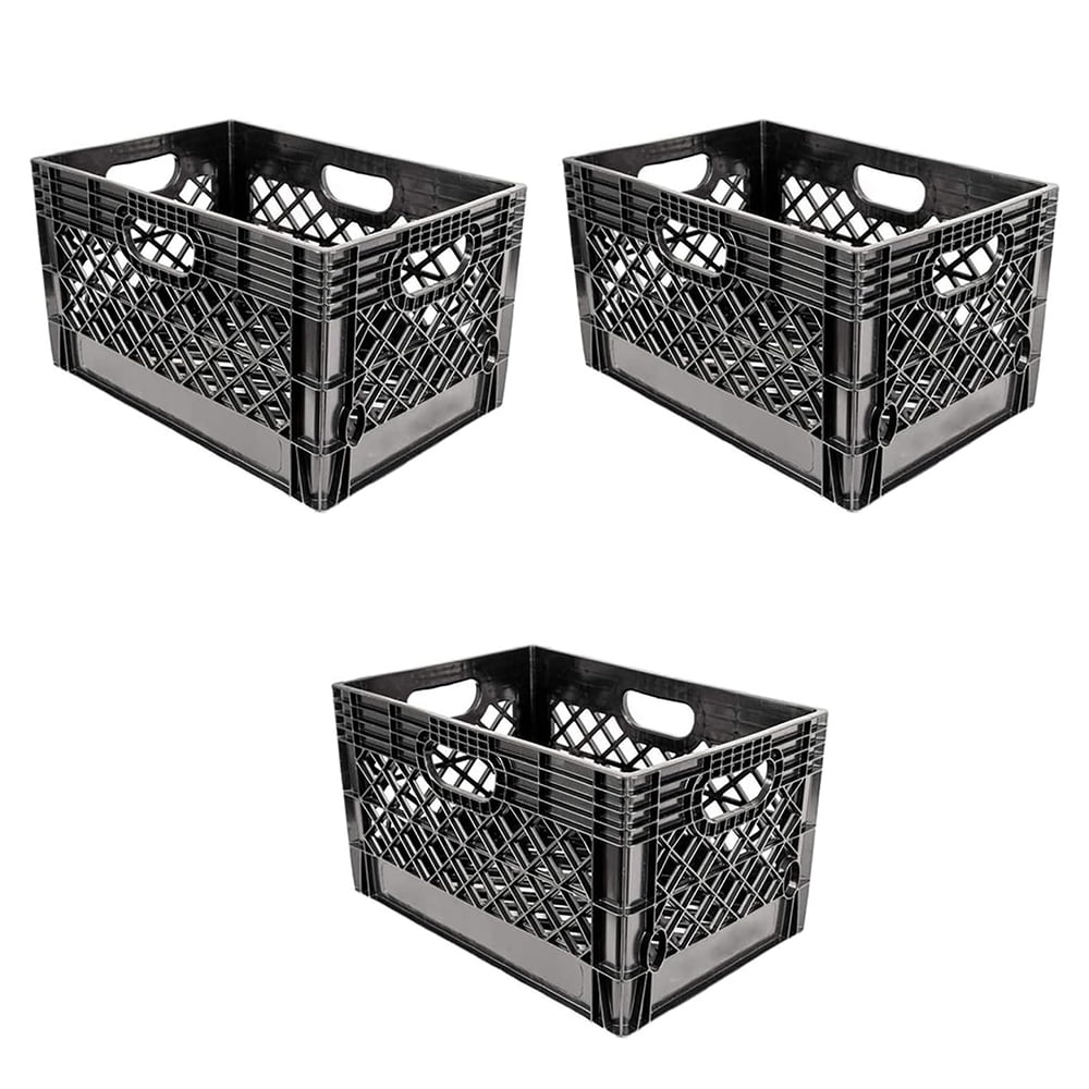Heavy Duty Black Stackable Storage Crate with Handles, 3 Pack