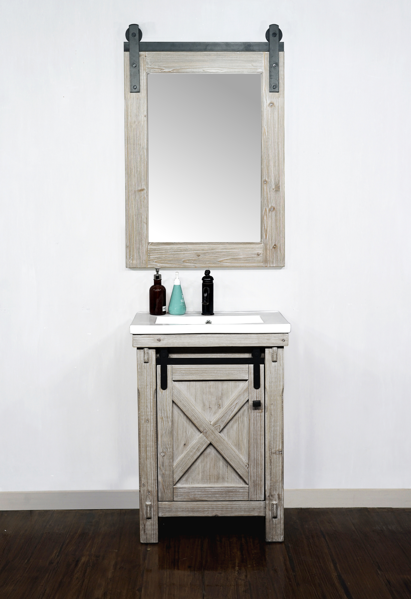 24"RUSTIC SOLID FIR BARN DOOR STYLE VANITY WITH CERAMIC SINGLE SINKNO