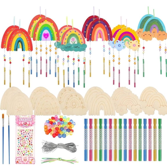 24 Rainbow Wind Chime Craft Kits - Make Your Own Wind Chime Ornament, Wooden Rainbow, DIY Coloring Wooden Art and Craft Art Projects Birthday Decorations