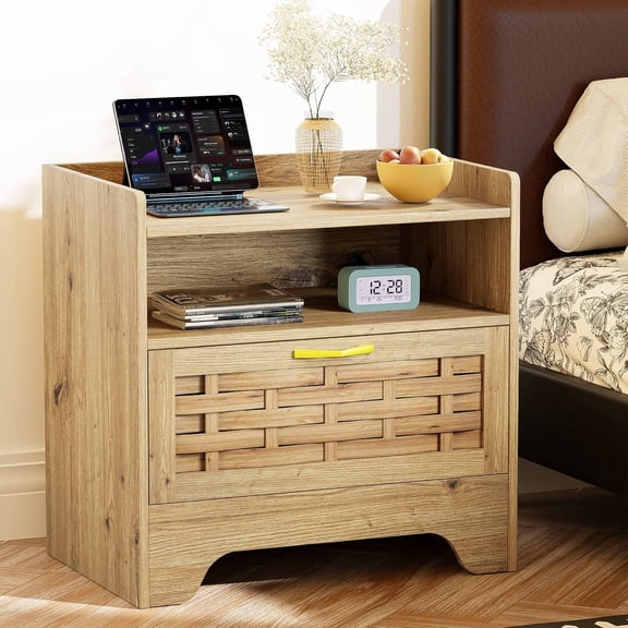 24" Rattan Nightstand with Storage Drawer, Oak Bedside Table with Semi Open Cubby, Boho Night Stand with Farmhouse Arched Base for Bedroom, Side Table, End Table