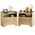 thumbnail image 1 of 24" Rattan Nightstands Set of 2, Oak Bedside Table with Semi Open Cubby, Boho Night Stand with Farmhouse Arched Base for Bedroom, Side Table, End Table for Dorm, 1 of 11