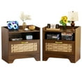 thumbnail image 1 of 24" Rattan Nightstands Set of 2, Walnut Bedside Table with Semi Open Cubby, Boho Night Stand with Farmhouse Arched Base for Bedroom, Side Table, End Table for Dorm, 1 of 11