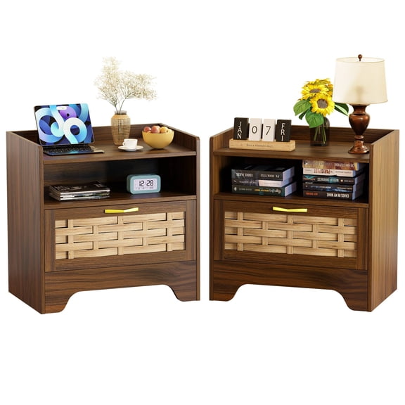 24" Rattan Nightstands Set of 2, Walnut Bedside Table with Semi Open Cubby, Boho Night Stand with Farmhouse Arched Base for Bedroom, Side Table, End Table for Dorm