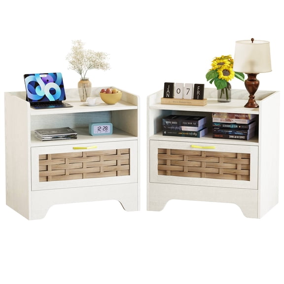24" Rattan Nightstands Set of 2, White Bedside Table with Semi Open Cubby, Boho Night Stand with Farmhouse Arched Base for Bedroom, Side Table, End Table for Dorm