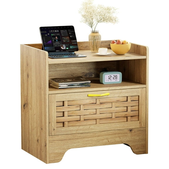 24" Rattan Nightstands with Storage Drawer, Oak Bedside Table with Semi Open Cubby, Boho Night Stand with Farmhouse Arched Base for Bedroom, Side Table, End Table for Dorm