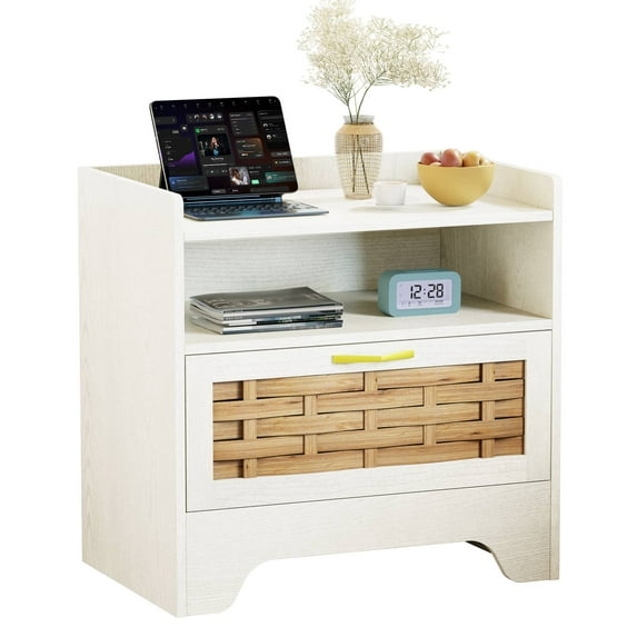 24" Rattan Nightstands with Storage Drawer, White Bedside Table with Semi Open Cubby, Boho Night Stand with Farmhouse Arched Base for Bedroom, Side Table, End Table for Dorm