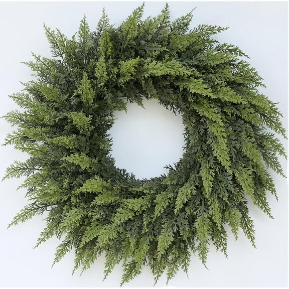 24" Real Touch Artificial Cedar Wreath - Faux Christmas Wreaths for Front Door,Faux Pine Green Wreath for Home, Holiday, Fireplace, Mantle,Wall, Windows, Xmas, Outdoor Decoration