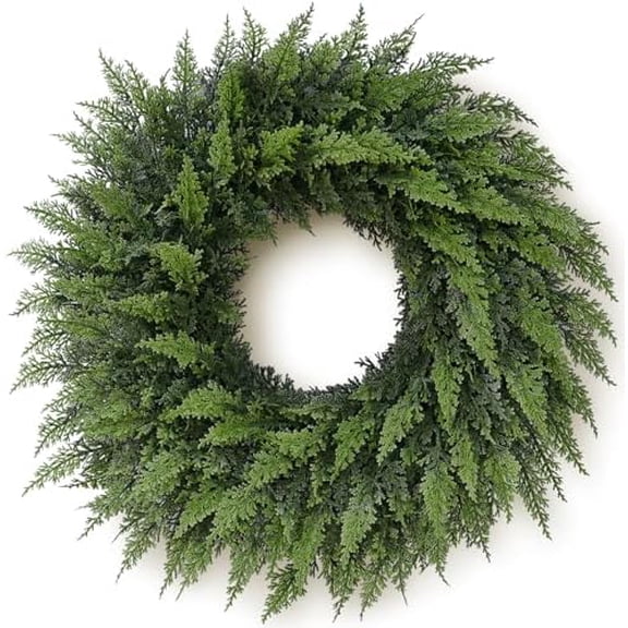 24" Real Touch Cedar Wreath for Front Door, Artificial Christmas Wreaths Faux Cedar Green Fake Pine Needles Wreath for Front Door Wall Windows Indoor Outdoor Christmas Decor