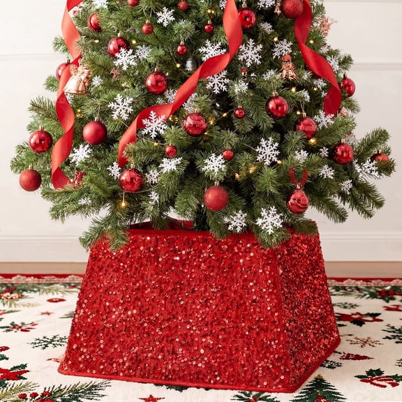 THE BRIVE Red Sparkling Sequin Christmas Tree Collar for Artificial Trees, 24 Inch Medium Tree Ring, Tree Stand Base Cover, Holiday Home Deco