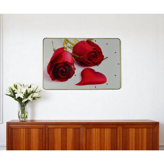 HomeRoots 626570 24 in. Red, White & Gold Solid Wood & Acrylic Silent Roses Floral Wall Clock