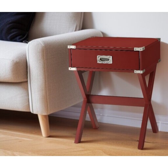 24" Red Wood Cross Legs End Table With Drawer