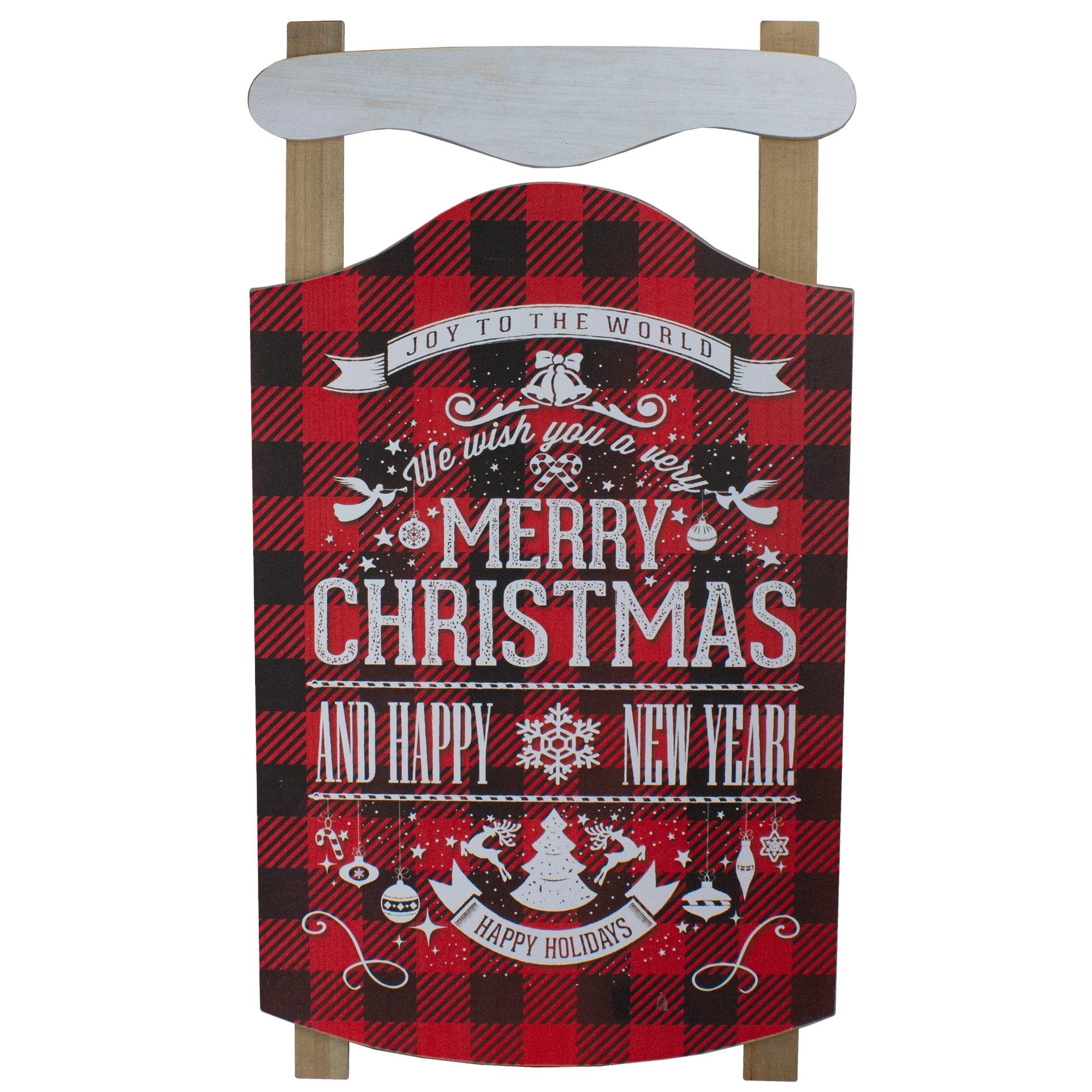 24" Red and Black Buffalo Plaid Merry Christmas Sled Wooden Hanging Wall Sign