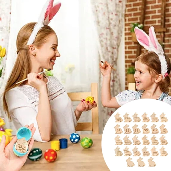 24 Redeemable Bunny Tokens + 3 Blank, Wooden Easter Egg Fillers, Easter Egg Party, Family Fun Activity, Holiday Game, Prize Tokens, Spring Celebration, Easter Party Favor