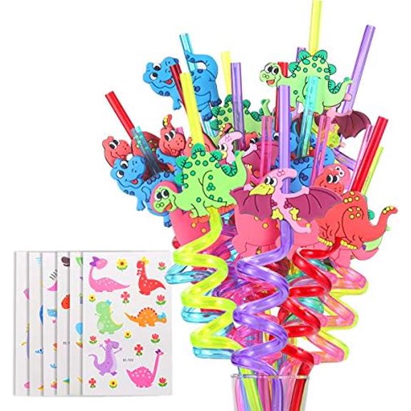 24 Reusable Dinosaur Straws + Tattoos – Kids’ Party, Cleaning Brush – Home Decor, Kitchen, & Other