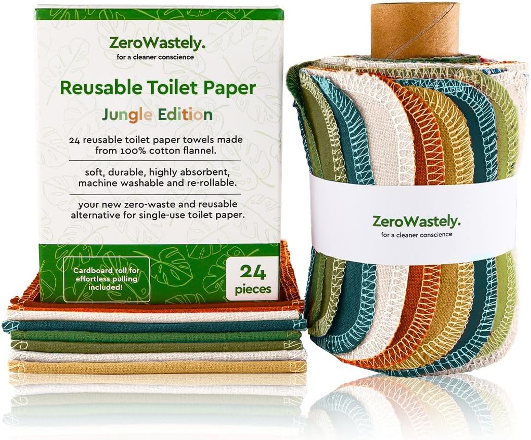 24 Reusable Toilet Paper Washable Roll - Bidet Towels Washable Toilet Paper - Cut Back & Waste Less with our Colored Super Soft, Absorbent & Re-Rollable Cloth Wipes - Jungle Edition