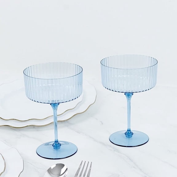 24 Ribbed Dusty Blue 10 oz Premium Disposable Plastic Coupe Champagne Glasses with Detachable Stem