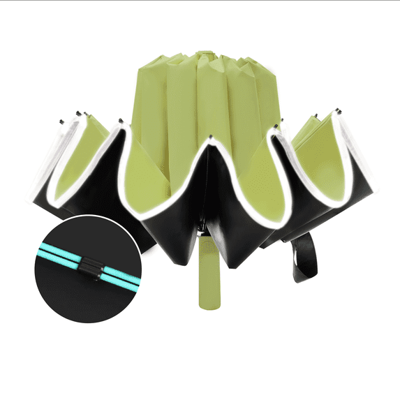 Large Double-Ribs Umbrella with Reflective Strips, Automatic Reverse Folding Umbrella, UPF50+, Rain and Sun, 46 Inch, 12 Ribs, Green
