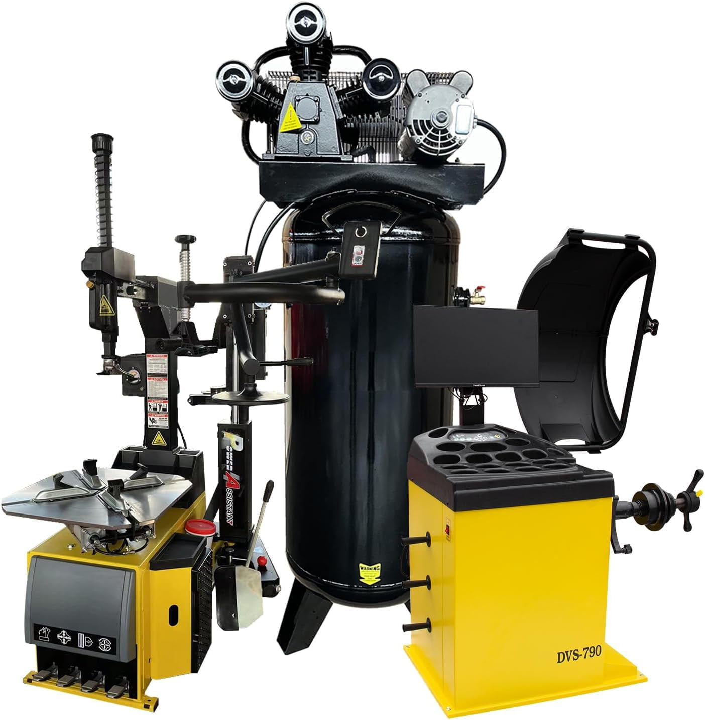 24'' Rim 1.5HP Tire Changer w/Assist Arm and 10''-24'' Rim Tire Balancer Combo 5HP Air Compressor w/ 60Gal ASME Tank for Tire Repair and Wheel Balancing Garage Shop Equipment w/ 1 Year Warranty