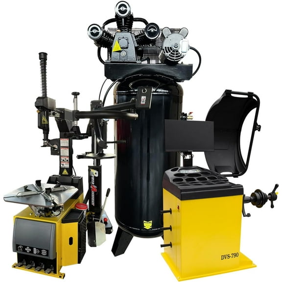 24'' Rim 1.5HP Tire Changer w/Assist Arm and 10''-24'' Rim Tire Balancer Combo 5HP Air Compressor w/ 60Gal ASME Tank for Tire Repair and Wheel Balancing Garage Shop Equipment w/ 1 Year Warranty