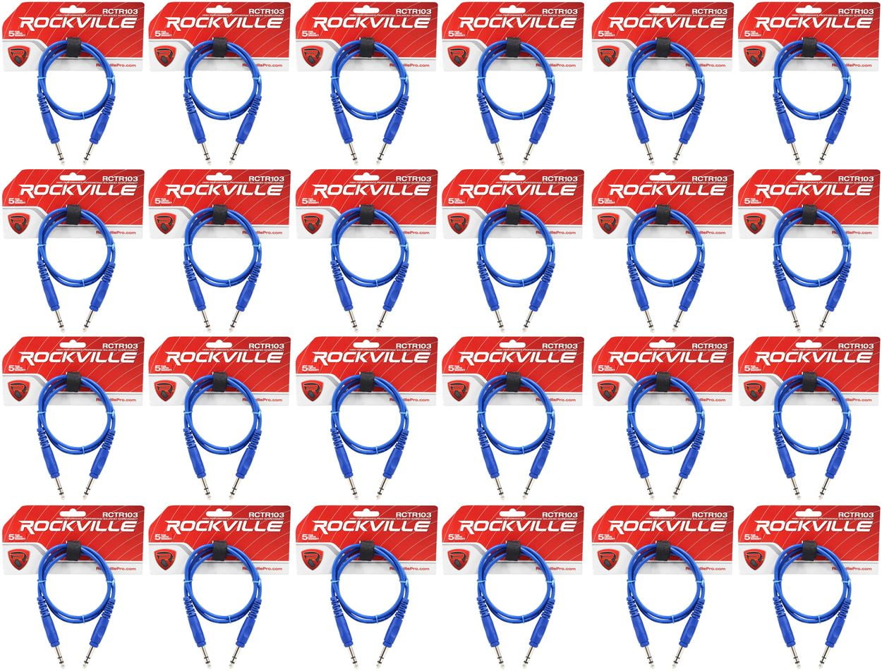 24 Rockville RCTR103BL Blue 3' 1/4'' TRS to 1/4'' TRS Cable 100% Copper