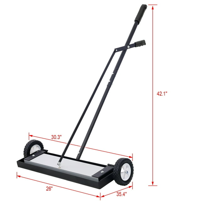 24'' Rolling Magnetic Pick-Up Sweeper,Heavy Duty Push-Type with Release,For Nails Needles Screws Collection,100 Pound Capacity,Black and Silver Metal