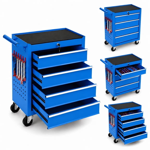 24" Rolling Tool Chest with 4 Drawers,Heavy Duty Steel Mobile Tool Storage Cart with Central Locking System Side Pegboard Hooks Lockable Casters for Garage Workshop