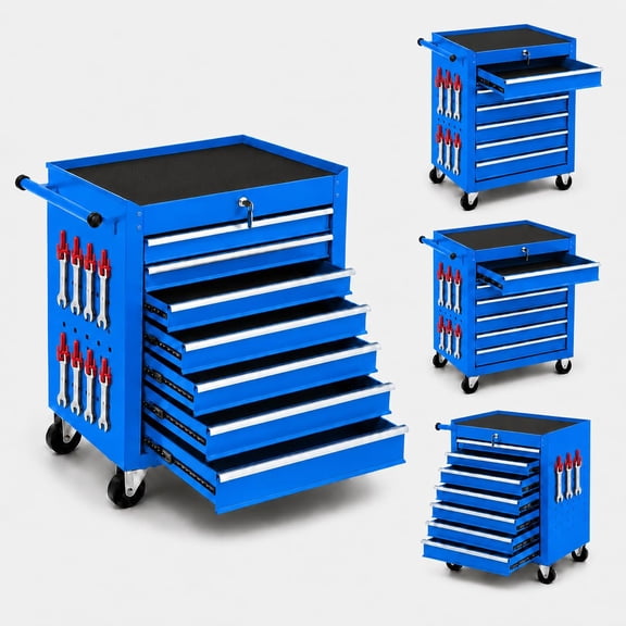 24 in Rolling Tool Chest on Wheels, 7-Drawer Locking Tool Storage Cabinet/Toolbox Organizer with Drawer Liners for Garage, Workshop, Auto Repair & Warehouse - Blue