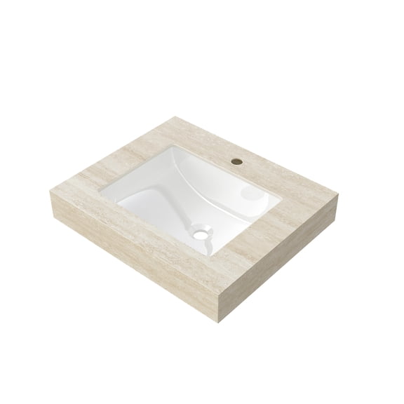 24" Roma Travertine-Pattern Sintered Stone Countertop and Undermount Ceramic Basin with One Standard Pre-drilled Faucet Hole, NO Cabinet, NO Faucet and Sink Cover