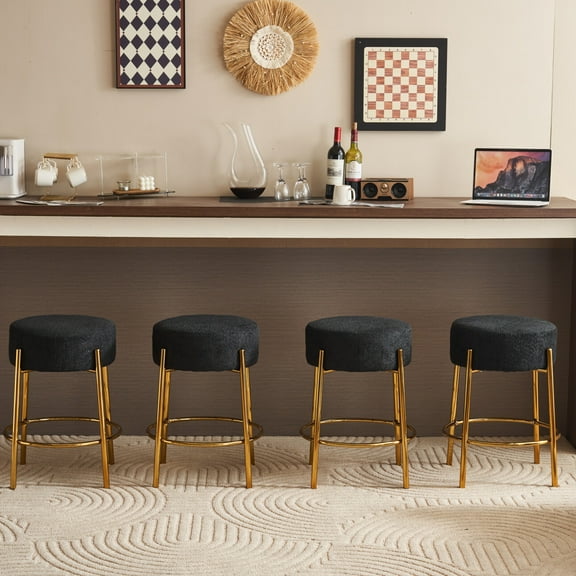 24" Round Bar Stools Set of 2,Counter Height Stools with Teddy Fabric Upholstered,Backless Kitchen Island Stools,Backless Dining Seat with Metal Base, Black&Golden