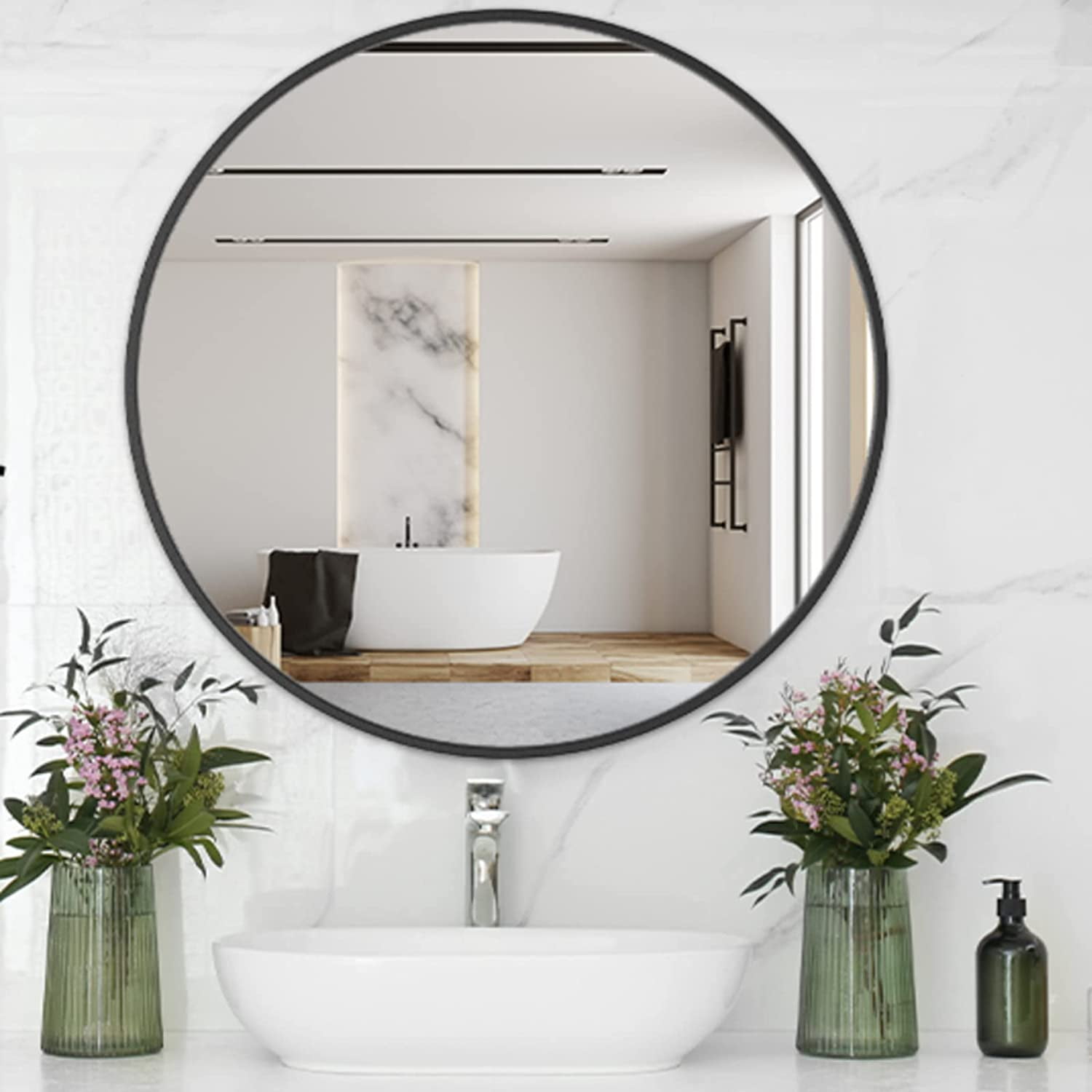 24" Round Black Bathroom Mirror with Metal Frame, Pure Silver Backing ...