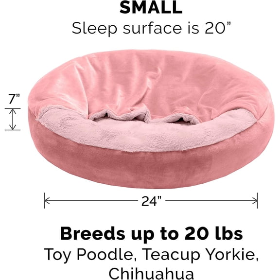 24" Round Calming Donut Dog Bed for Indoor Cats & Small Dogs, Washable, For Dogs Up to 20 lbs - Plush Velvet Waves Hooded Donut Bed - Rose Pink, Small