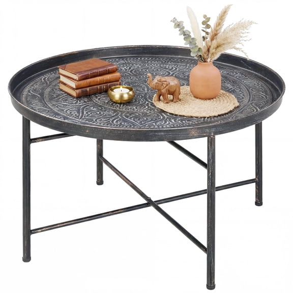 24" Round Coffee Table with Hammered Tray Top & Metal Frame, Pewter, Rustic Center Table for Living Room & Bedroom, Handmade Brushed Finish, Adjustable Foot Pads, Easy Assembly