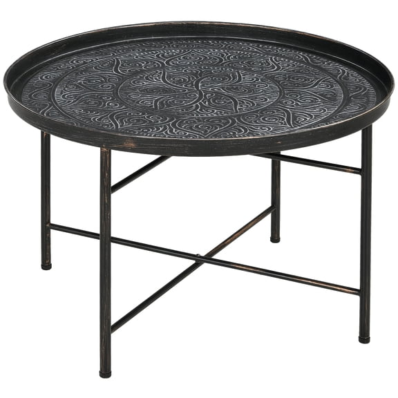 24" Round Coffee Table With Hammered Tray Top, Vintage Metal Center Table For Living Room, Bedroom, Side Table, Pewter