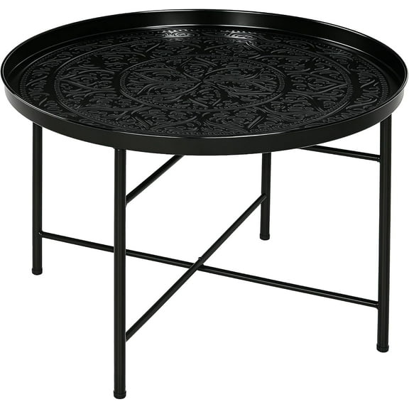 24" Round Coffee Table with Hammered Tray Top, Vintage Metal Center Table for Living Room, Bedroom, Side Table, Black