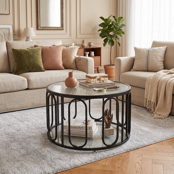24" Round Coffee Table with Tempered Glass Top and Oval Swivel Brackets, Modern Center Table Cocktail Tea Table for Living RoomBlack
