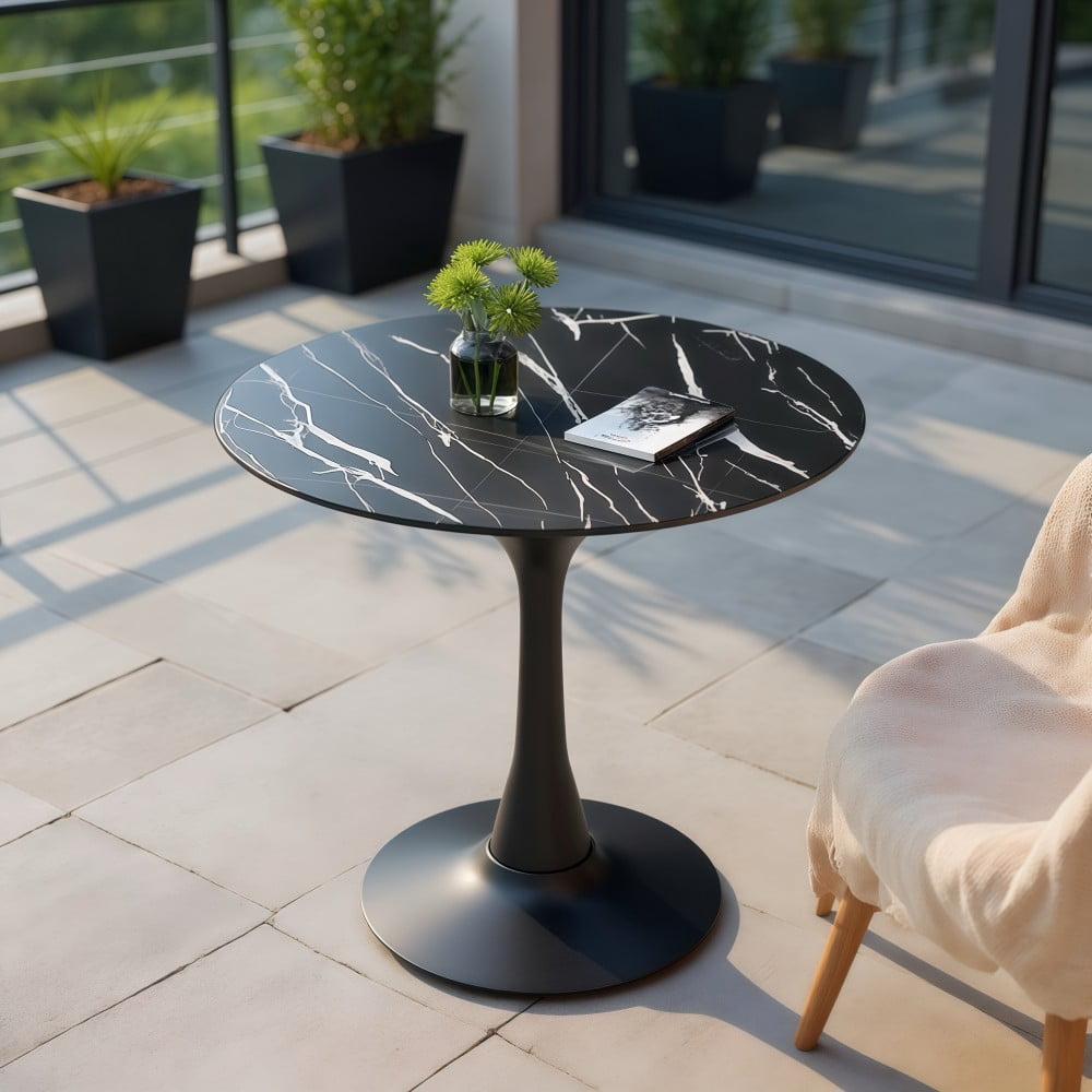 24" Round Dining Table, Modern Tulip Kitchen Table with MDF Top and Steel Pedestal Base, Mid Century Coffee Table for Living Room, Apartment, Marble Black