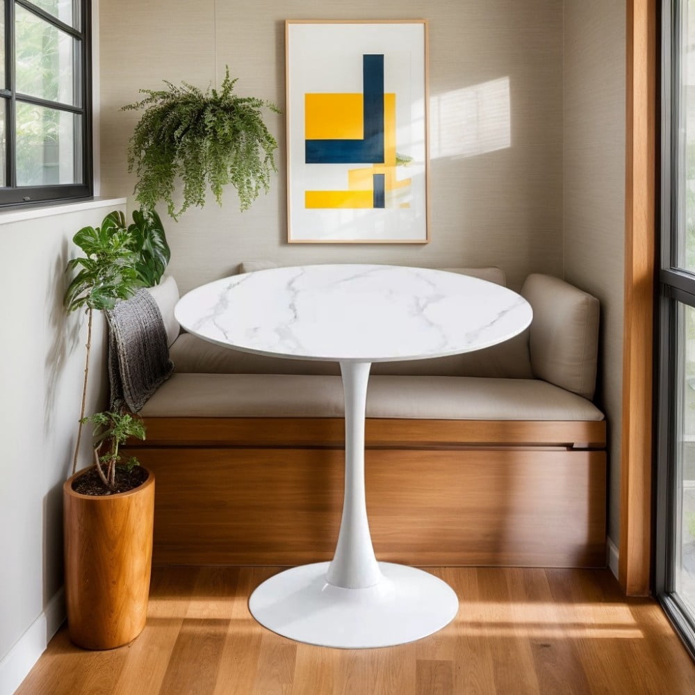 24" Round Dining Table, Modern Tulip Kitchen Table with MDF Top and Steel Pedestal Base, Mid Century Coffee Table for Living Room, Apartment, White