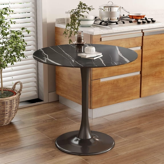 24" Round Dining Table with Stable Metal Round Base, Mid Century Coffee Table, Modern Kitchen Table for Living Room Office Apartment Small Space, Black Marble