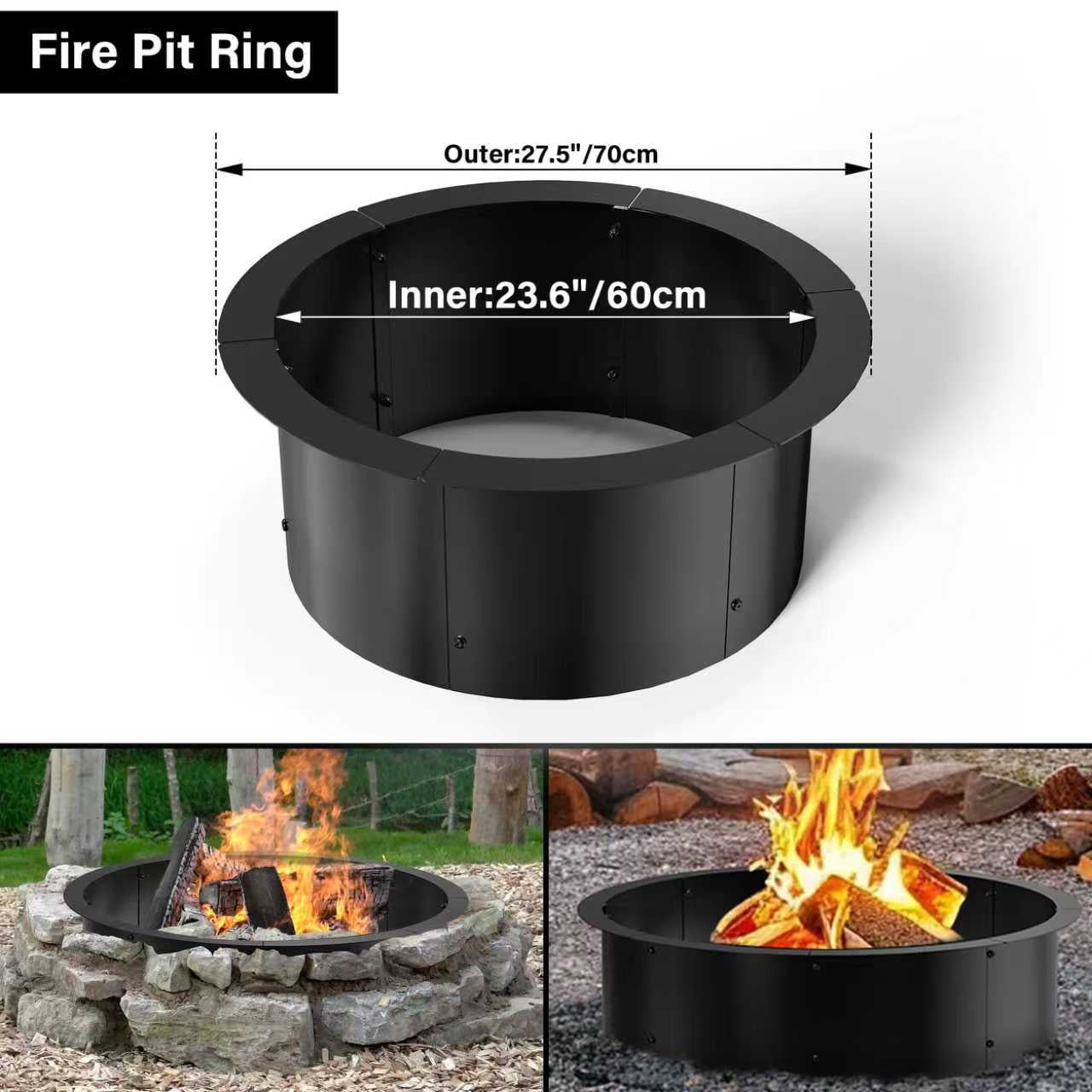 24" Round Fire Pit Liner for DIY Campfire Ring Insert Wood Burning Fire Pit Ring Smokeless Firepit Rim with Collar Support Heavy Duty Solid Metal Steel Above or In-Ground for Camping, Black