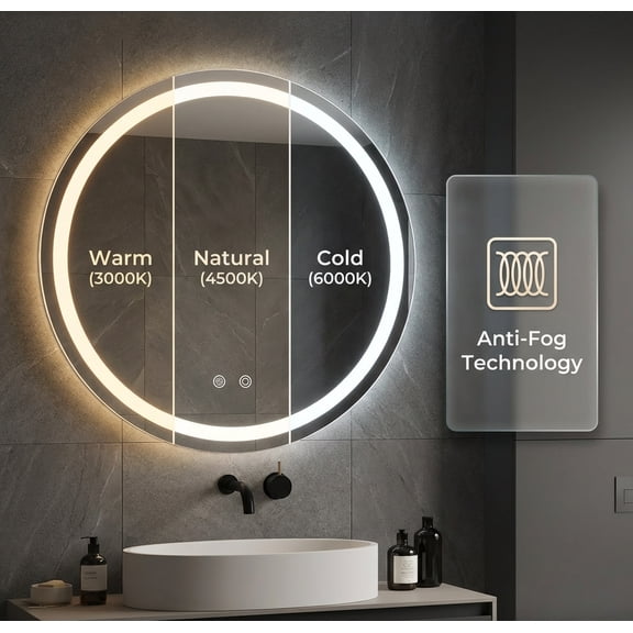 24" Round LED Bathroom Mirror, Anti-Fog Wall-Mounted Vanity Mirror, Dimmable, 3000/4000/6500K, Front & Backlit, Plug-in/Hardwired