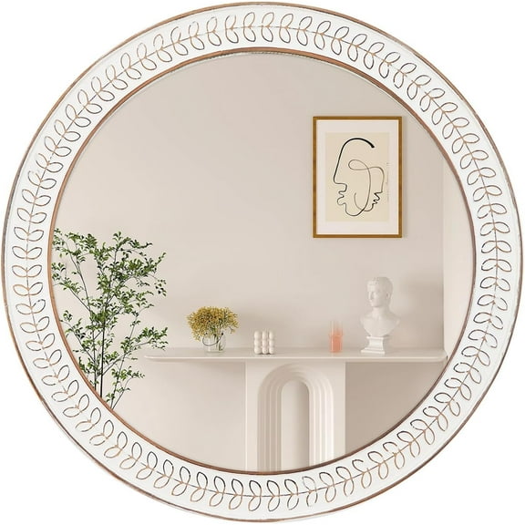 24 inch Round Rustic Wooden Mirrors, Distressed Circle Mirror for Bathroom, Bedroom, Living Room, Entryway, Fireplace, Hall