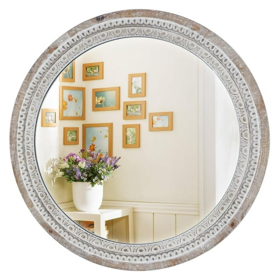 24'' Round Mirror, Wood Circle Mirrors, Boho Mirrors, Decorative Wall Mirror, Farmhouse Beads Circle Mirror, Rustic Vanity Mirror, Distressed Mirror for Bedroom, Bathroom Living Room Entryway